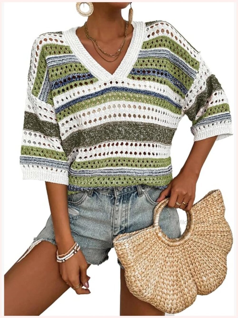 Short Sleeve V-Neck Crochet Knit Pullover Beach Vacation Top